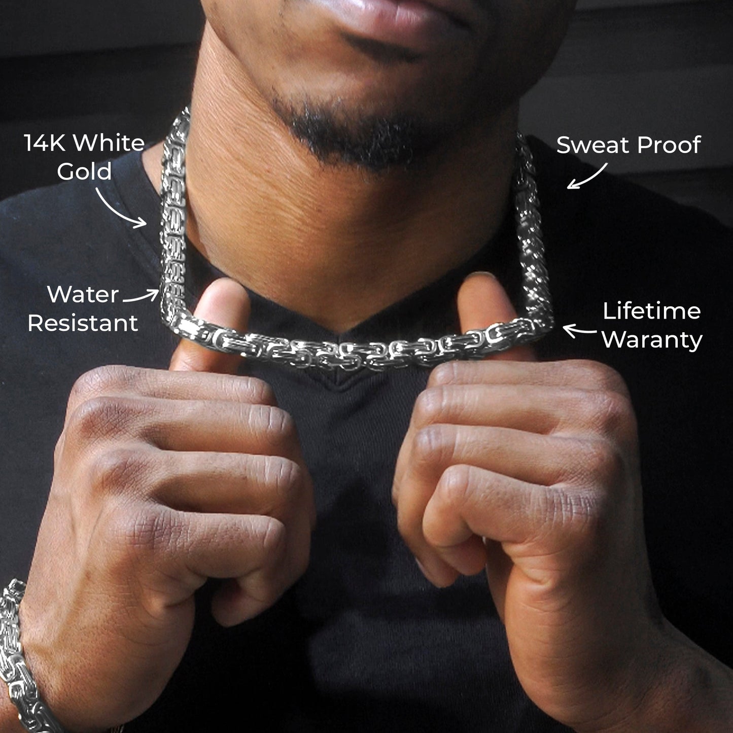 Gold Jewelry - Mens 14K White Gold Byzantine Chain