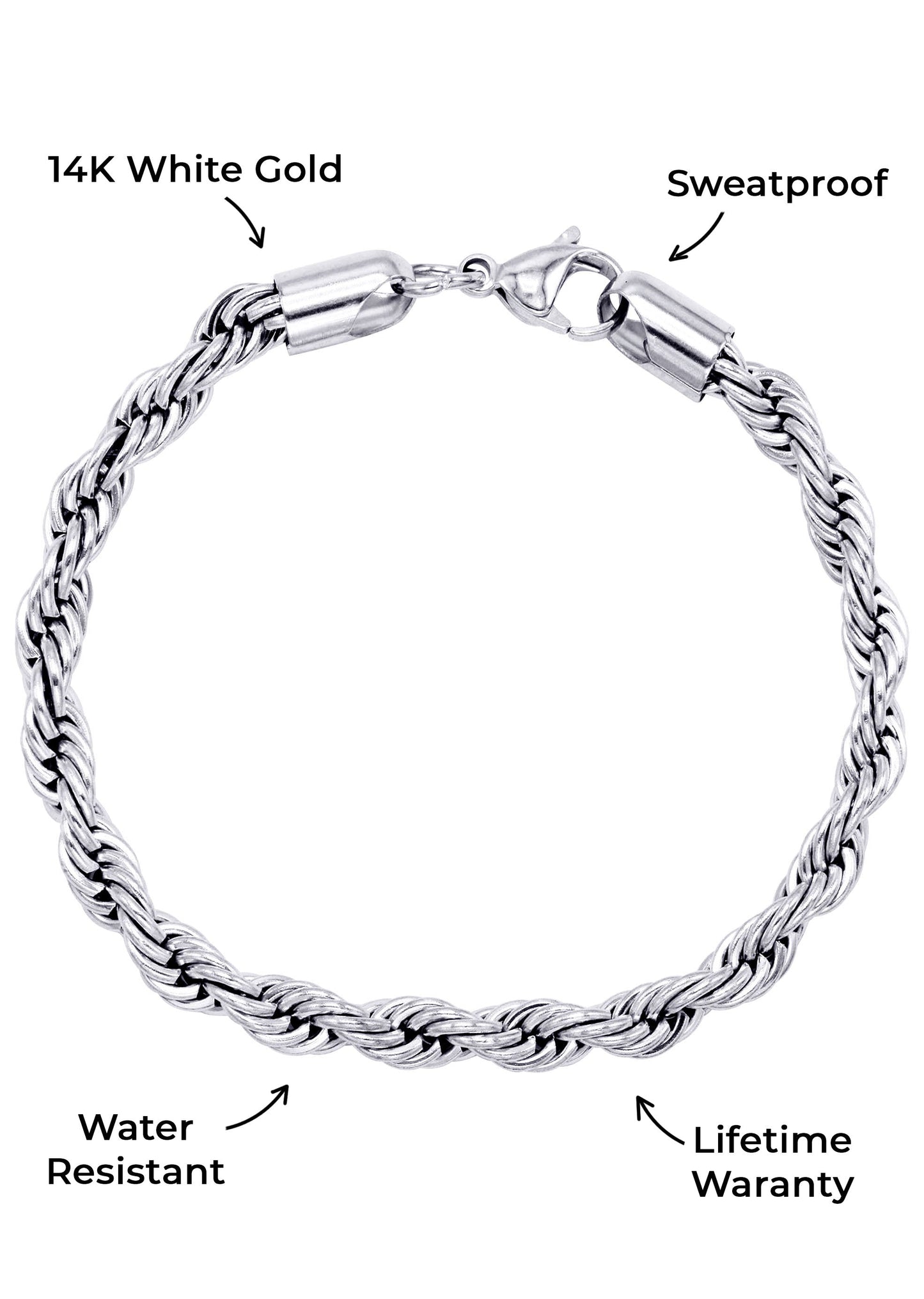 Gold Jewelry - Mens 14K White Gold Solid Rope Bracelet