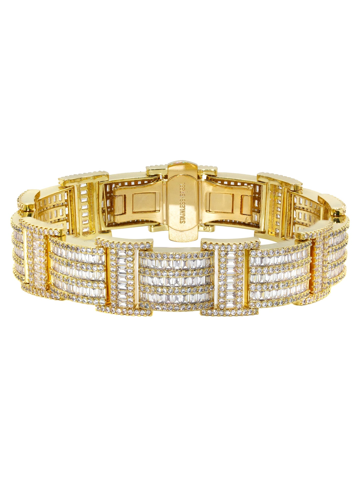 Gold Jewelry - Mens 14K Gold Iced Out VVS Bar Baguette Presidential Band Bracelet