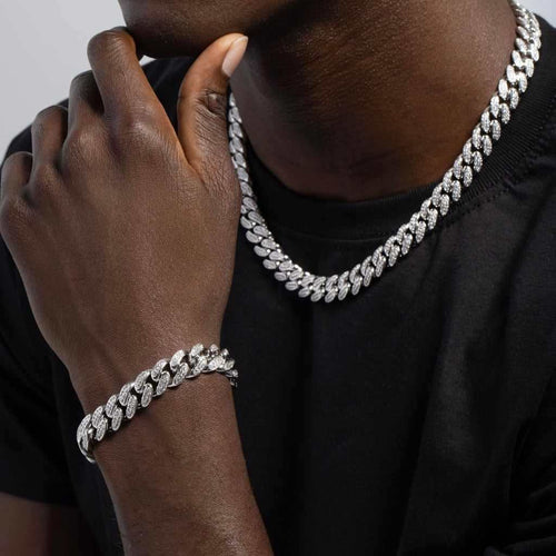 Diamond Cuban Chain + Bracelet Bundle in White Gold - 12mm