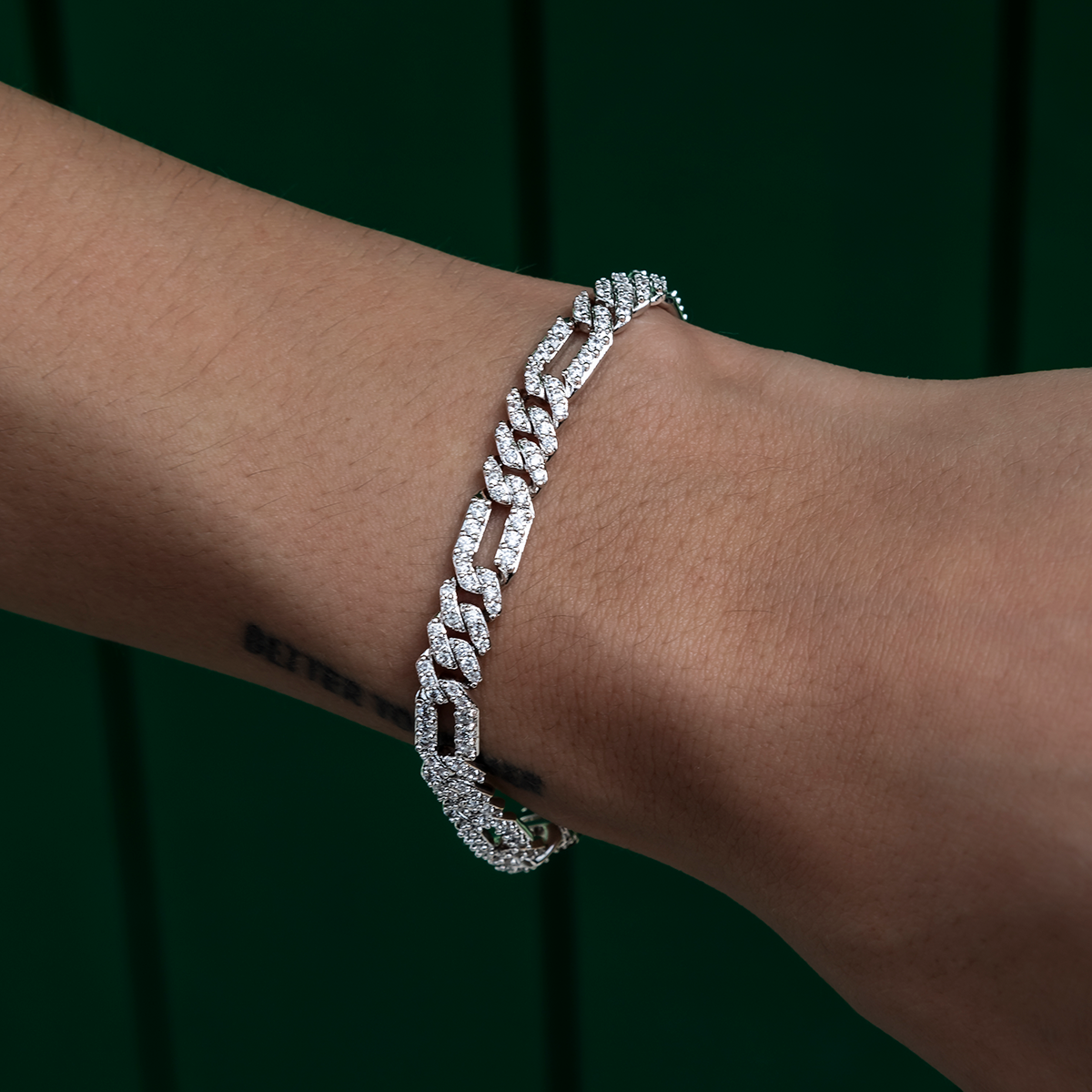 Diamond Figaro Necklace + Bracelet Bundle in White Gold- 6mm