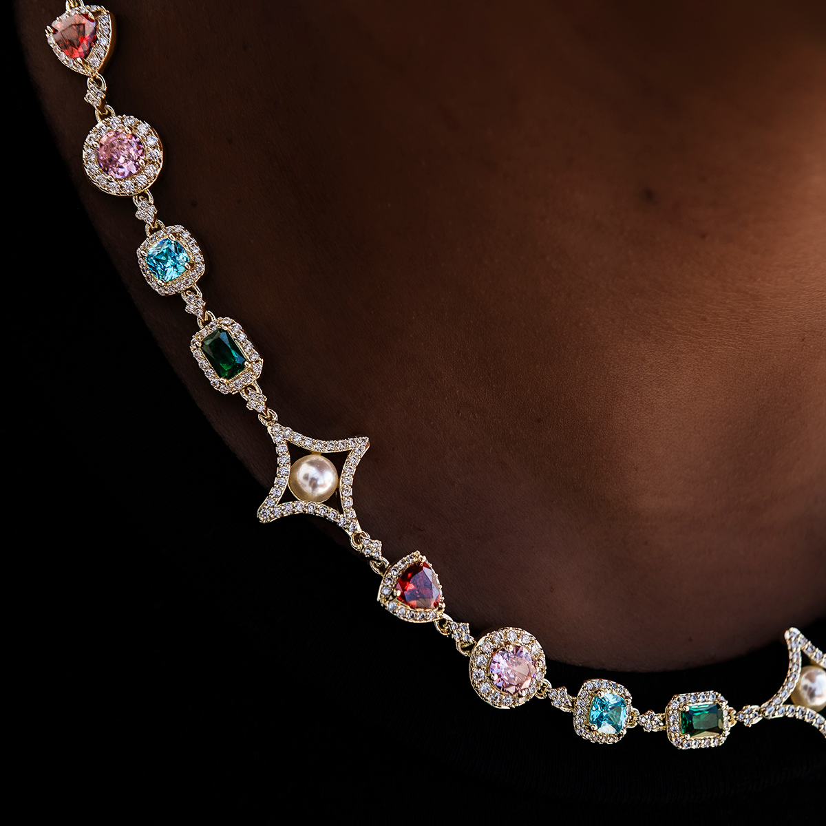 Colored Gemstone Pearl Necklace + Rosary Bundle in Yellow Gold - 17mm