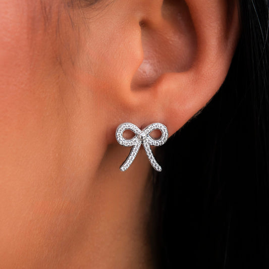 Diamond Bow Stud Earrings in White Gold