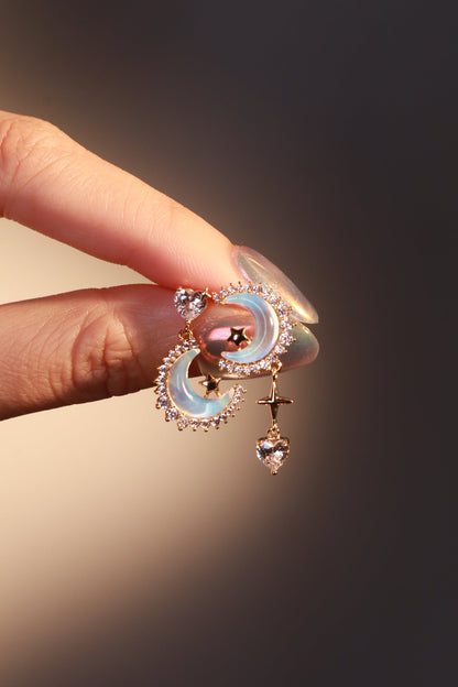 14K Real Gold Plated Moonstones Moon Heart Earrings