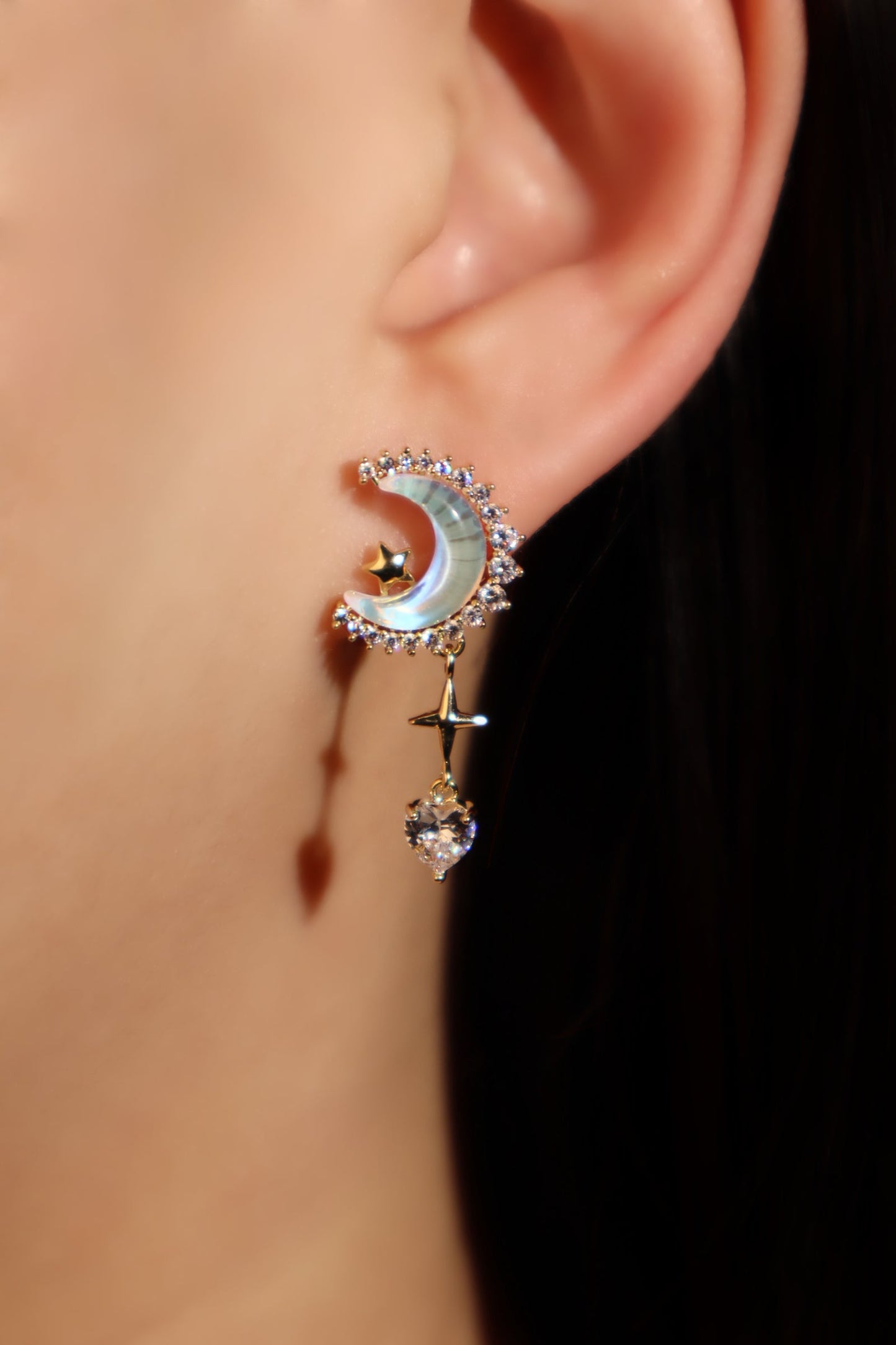 14K Real Gold Plated Moonstones Moon Heart Earrings