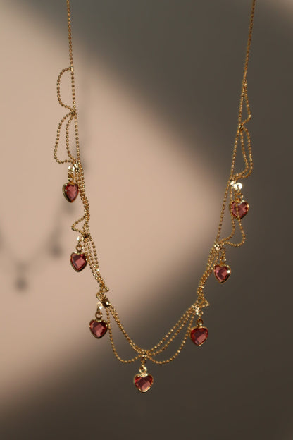 14K Real Gold Plated Double Layer Pink Heart Necklace