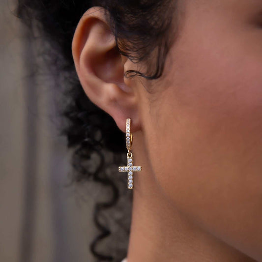 Diamond Cross Extra Small Huggie Hoop Earrings in Yellow Gold
