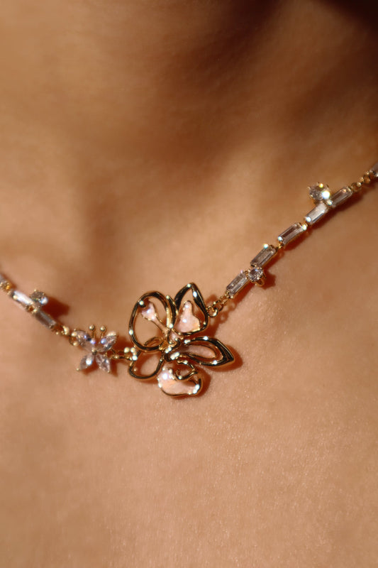 18K Real Gold Plated Butterfly Pink Flower Necklace