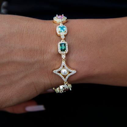 Colored Gemstone Pearl Bracelet in Yellow Gold