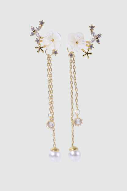 14K Real Gold Plated Shell Flower Pearl Earrings
