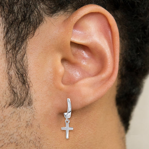 Mens Jewelry - Silver Iced Out VVS Hoop Cross Earrings for Men | Appx. 2 Grams