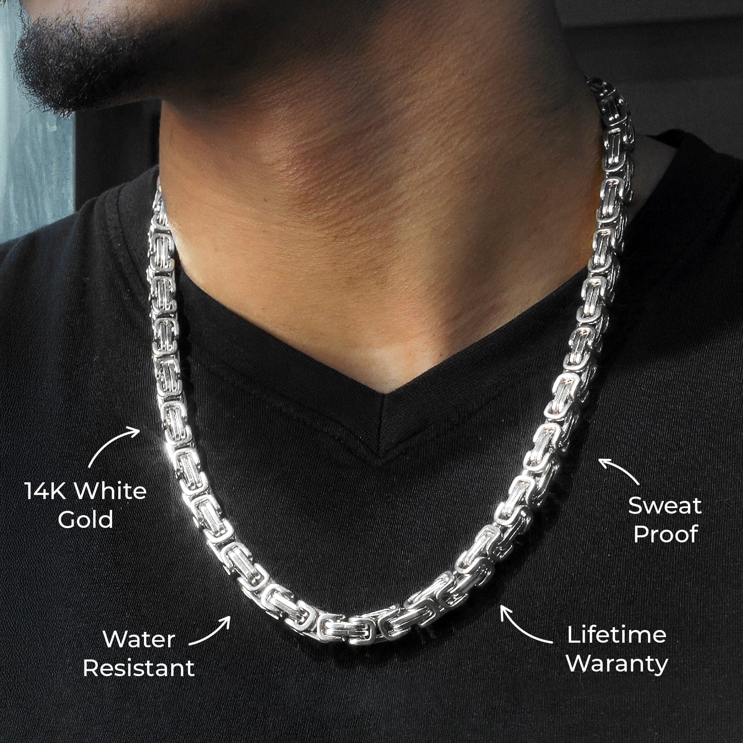 Mens Jewelry - Mens 14K White Gold Byzantine Chain & Bracelet