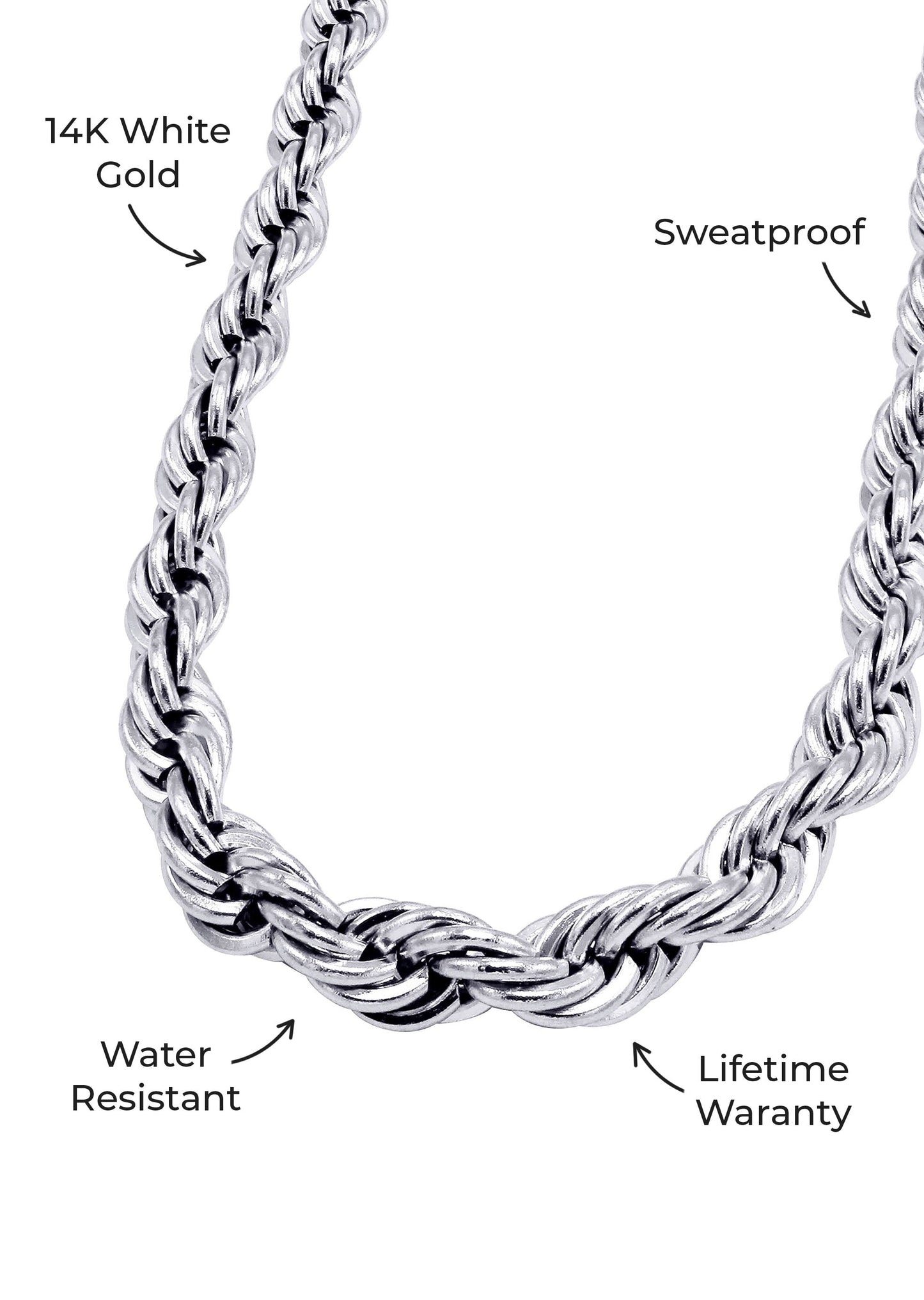 Gold Jewelry -  Mens 14K White Gold Solid Rope Chain